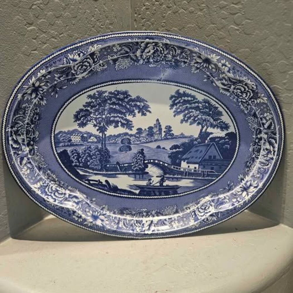 Blue white Daher Oval Metal Transferware Serving Platter